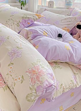 新款紫色花卉四件套床上用品全棉被套床单枕套三件套纯棉简约现代