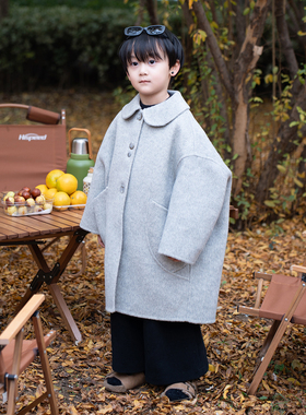 羊绒儿童呢大衣2024秋冬季新款灰色翻领羊毛男童女童双面毛呢外套