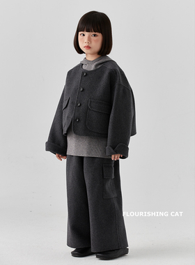 女童儿童毛呢外套2024新款秋款冬季时髦洋气男童大童灰色羊毛套装