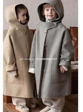 羊绒儿童呢大衣2024秋冬季新款羊毛男童女童连帽双面毛呢大衣外套