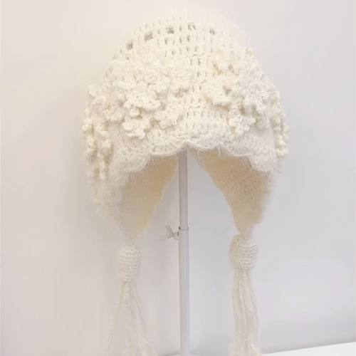 手工编织雪花帽子雪绒线水母流苏毛绒护耳帽材料包送女友闺蜜