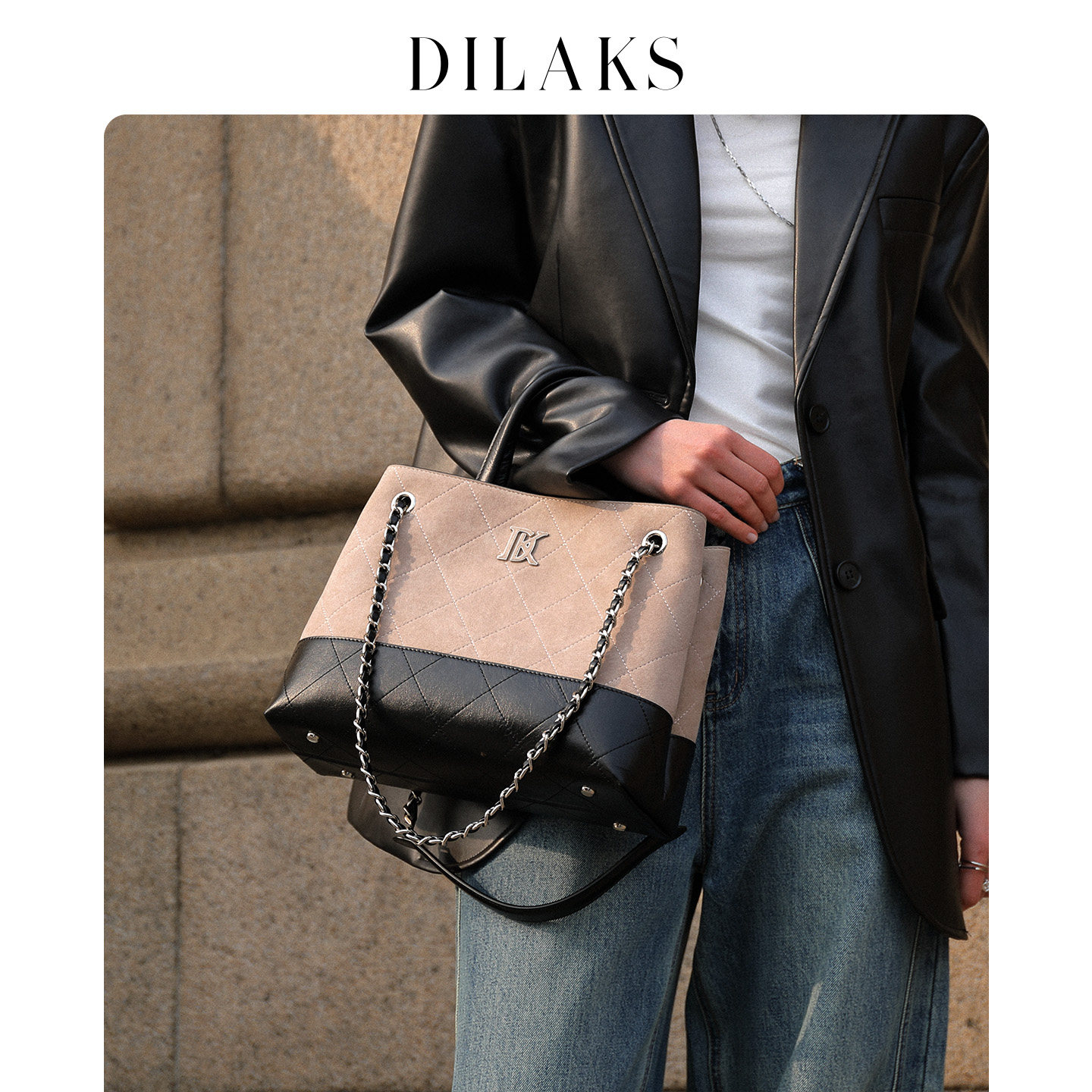 DILAKS迪莱克丝专柜正品女包拼色菱格链条包通勤轻奢感手提单肩包