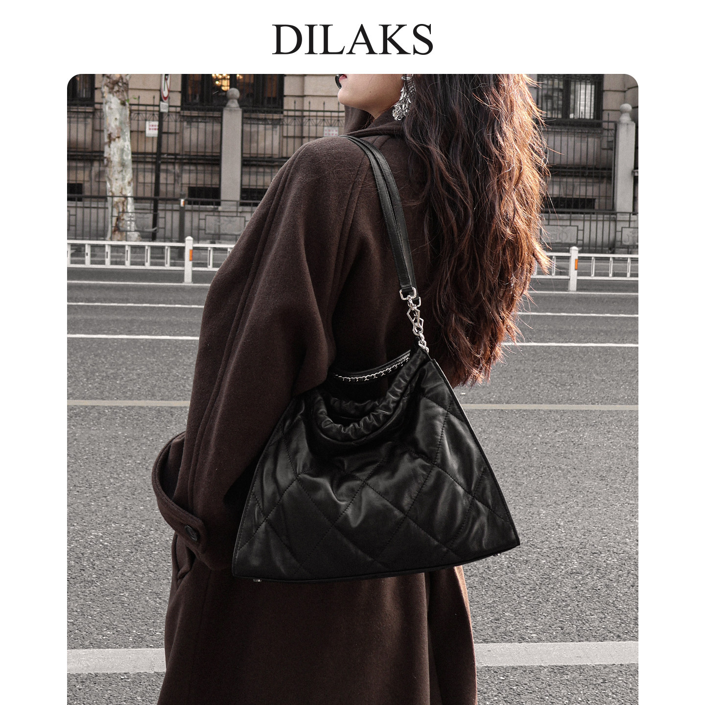 DILAKS迪莱克丝专柜正品轻奢感羊皮菱格流浪包女通勤单肩斜挎包女