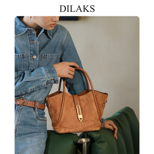 DILAKS迪莱克丝正品 女包羊反绒皮手提菜篮子包通勤百搭单肩斜挎包