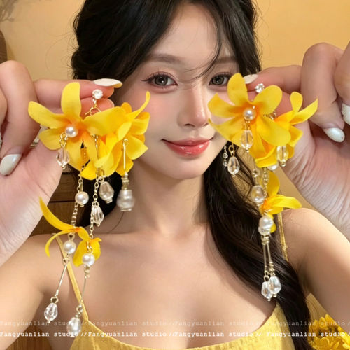 恰逢春日 气质显白黄色花朵流苏耳环女温柔耳钉度假风耳坠耳饰女