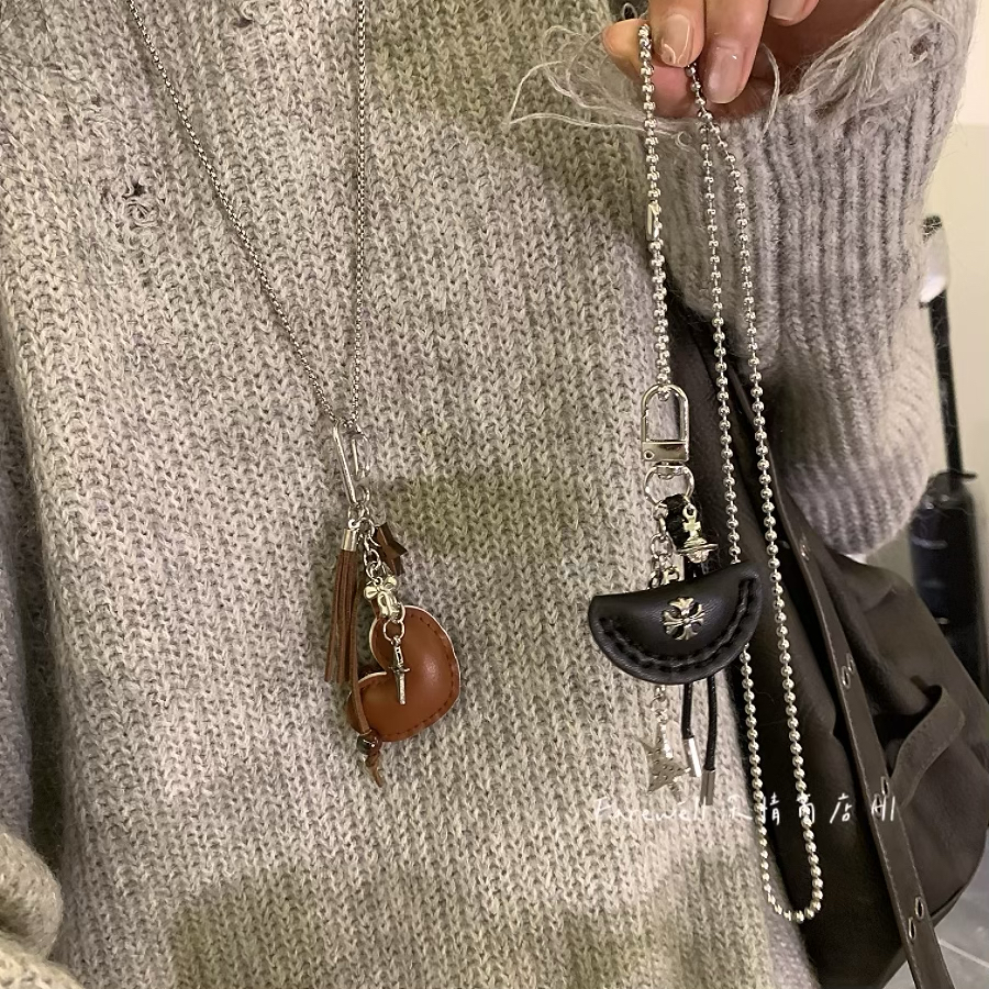 店主推～美拉德皮质吊坠项链小众设计感长款毛衣链个性ins卫衣链