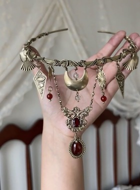 金属绕线重工古铜色神秘月牙项圈中古vintage项链亚文化y2锁骨链