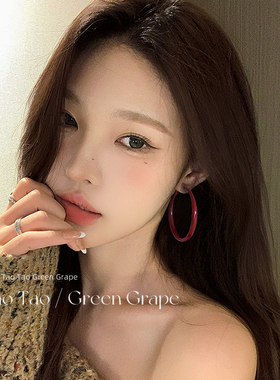 复古港风安可拉红色大耳圈秋冬圈圈耳环女高级感耳钉气质素圈耳饰