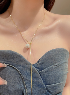 抽拉可调节项链珍珠吊坠轻奢小众高级感锁骨链钛钢不掉色颈链夏天