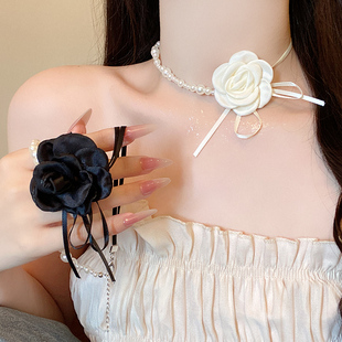 山茶花珍珠项链女choker锁骨链拼接轻奢小众花朵颈链高级脖子配饰