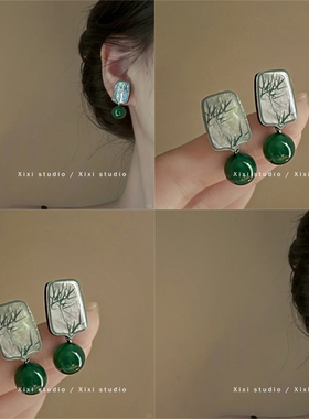 春来江水！仿玛瑙珠竹子耳环！新中式绿色耳钉独特复古耳饰盘发器