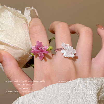紫罗兰花朵弹力串珠戒指女夏日彩色甜美食指戒小众设计学生党指环