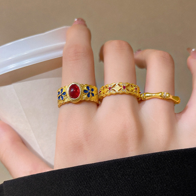 宫廷风复古金色珐琅竹节戒指女款时尚高级感食指戒新中式开口指环