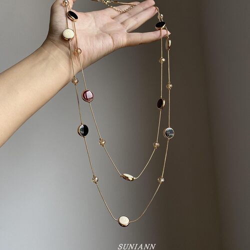 复古双层叠戴金色圆牌项链女轻奢高级感气质毛衣链日常百搭配饰品