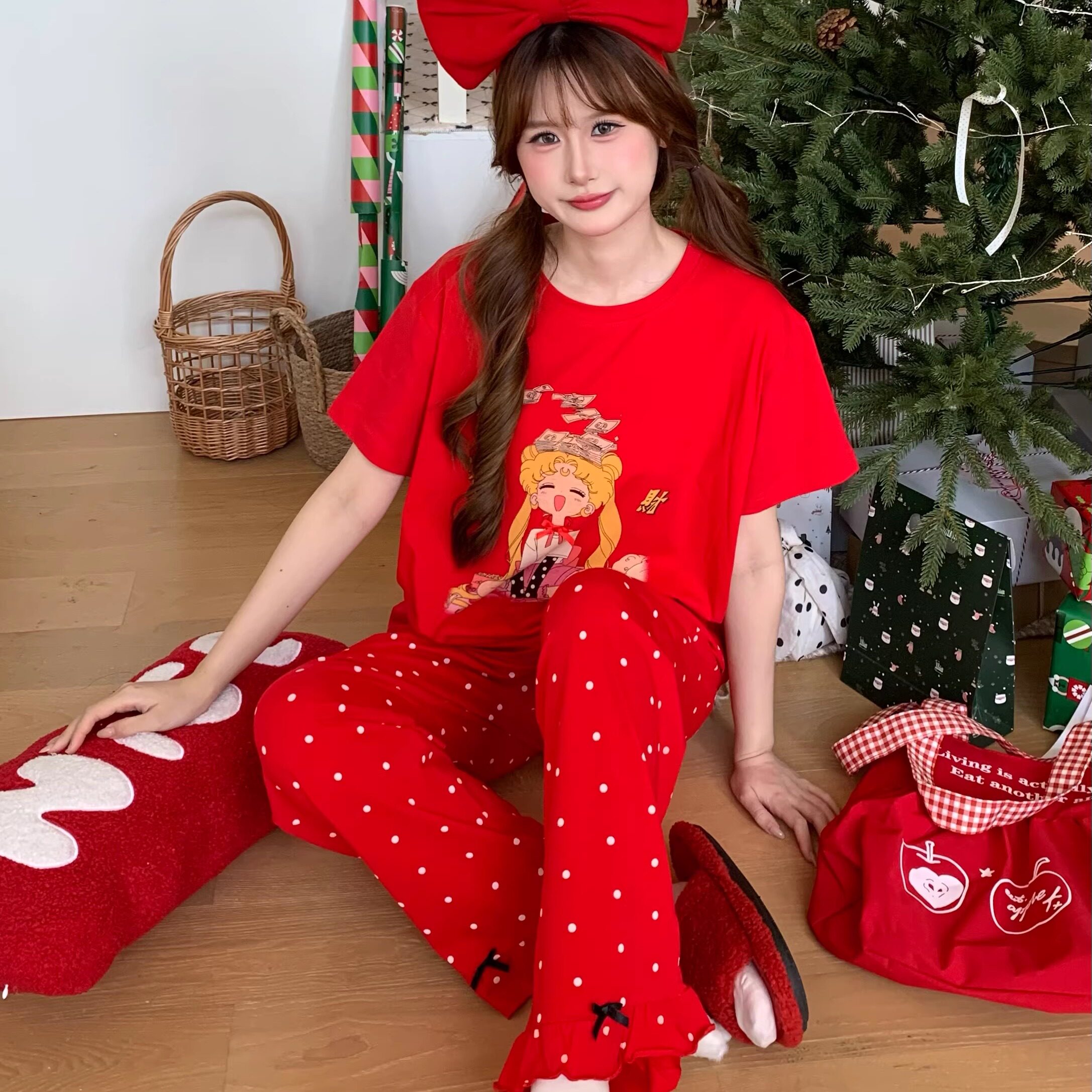 春夏新款卡通美少女战士印花睡衣女纯棉短袖长裤家居服套装本命年