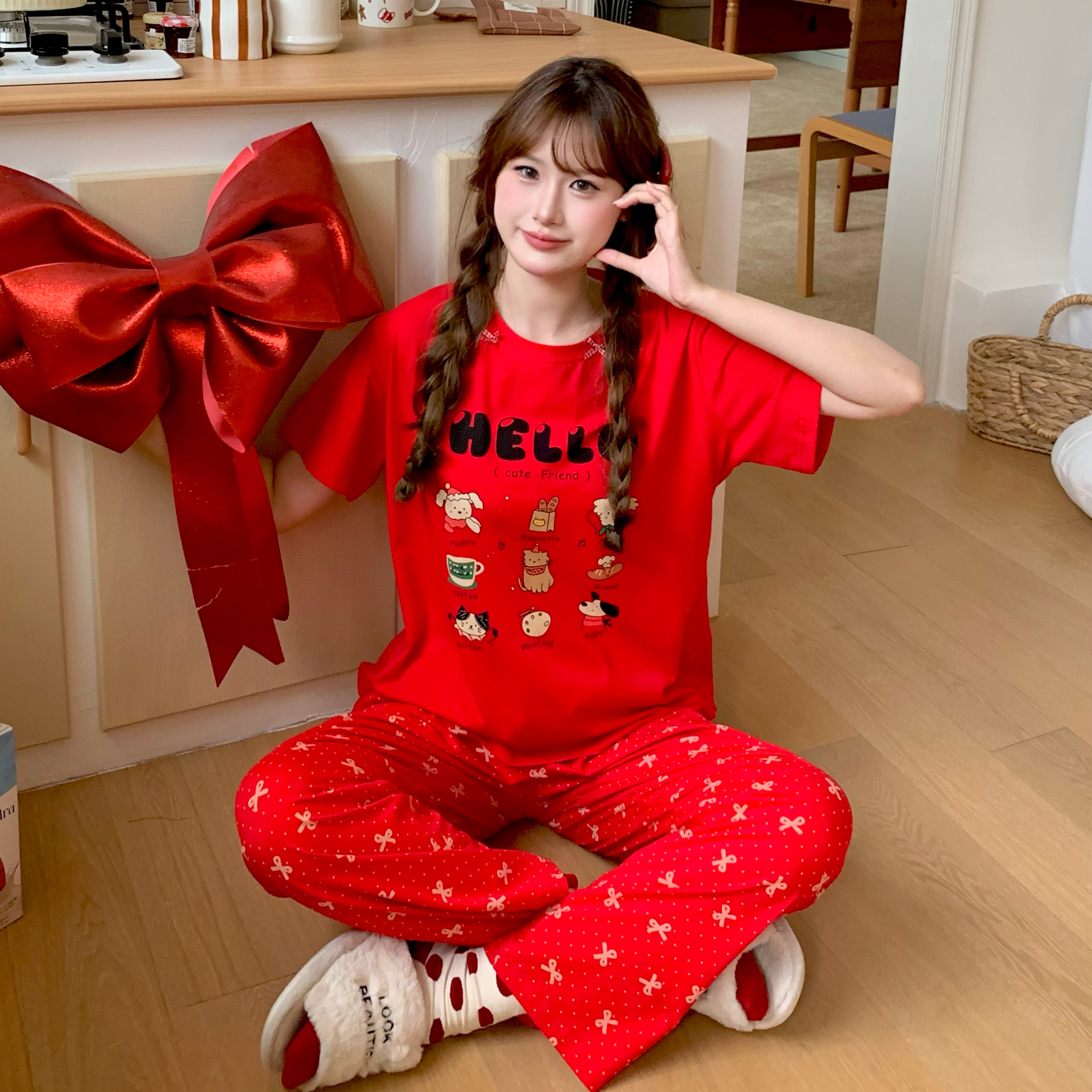 春夏新款卡通印花睡衣女短袖长裤家居服套装本命年新年宽松可外穿