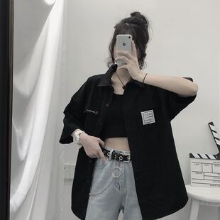 夏季黑色衬衫女韩版复古半袖工装衬衣bf风宽松短袖百搭上衣男女款
