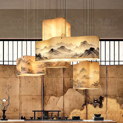 新中式宋代山水画挑空餐厅吊灯