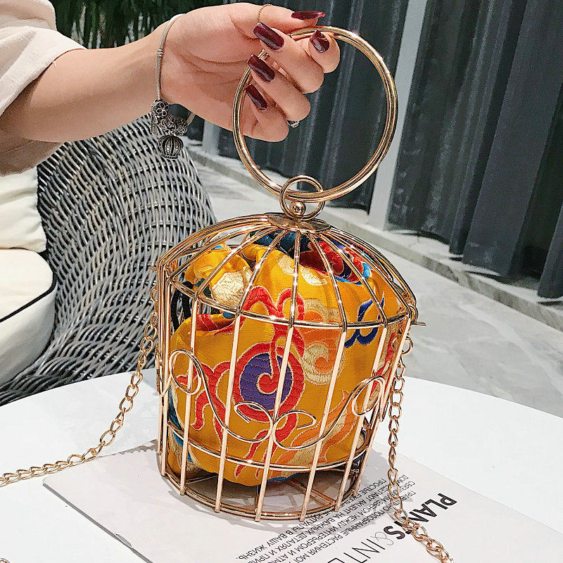 2019新款复古鸟笼手提包百搭时尚刺绣丝绸手袋女包个性单肩包潮流