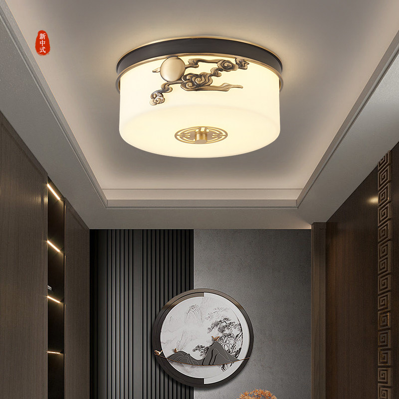 新中式过道LED铜灯中国风全铜圆形吸顶灯走廊灯阳台楼梯间衣帽灯