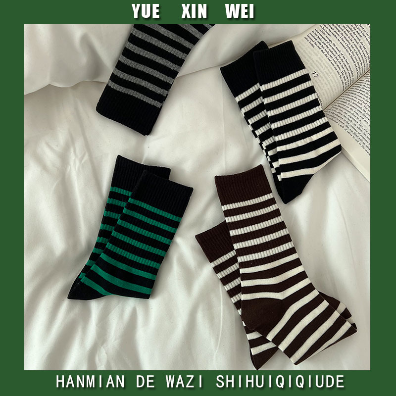 条纹袜子网红款外穿女70%棉