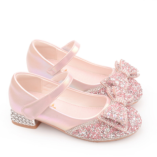 爱莎水晶鞋 儿童公主鞋 软底女宝宝高跟鞋 粉色 女童秋款 小女孩礼服鞋