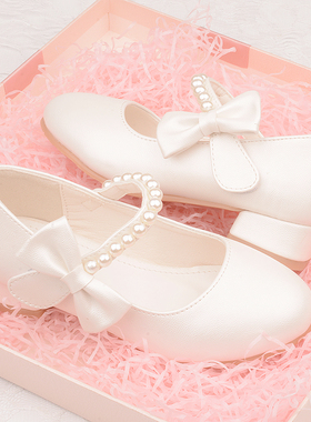 女童白色高跟鞋公主风春秋季皮鞋中大童鞋儿童配晚礼服鞋珍珠单鞋