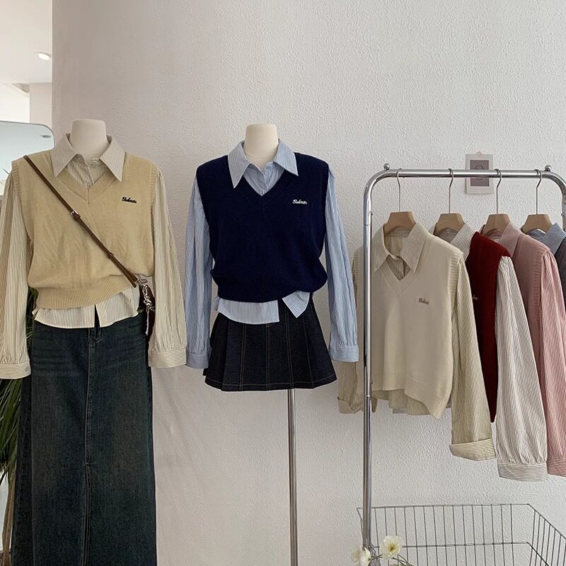 字母刺绣条纹衬衫+针织背心套装