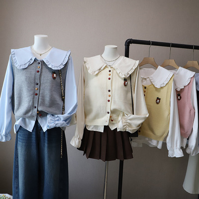 2025秋季新款韩版娃娃领衬衫两件套彩扣针织马甲背心女