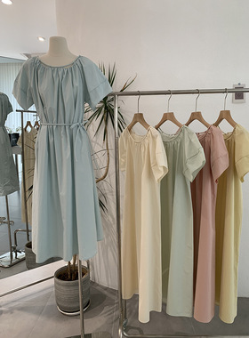 2026纯色圆领泡泡短袖纯色过膝中长款连衣裙复古女装长裙