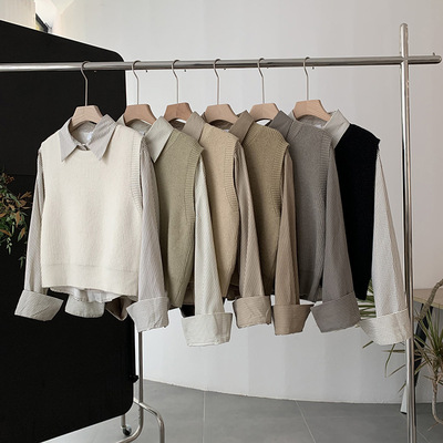 2024秋叠穿衬衫+马甲两件套