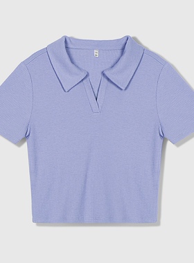 鹿岛什物纪ADG20010女士高腰T恤纯色短袖高弹针织V字翻领t恤衫