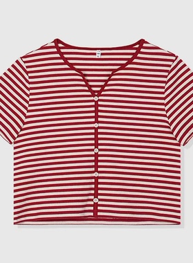 鹿岛什物纪 ADH20045 女士条纹短袖T恤 正肩宽松显瘦休闲百搭上衣