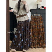 法式 高腰显瘦a字大摆百褶裙子 复古褶皱蓝色花朵半身裙女秋冬新款