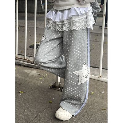 美式高街波点满印星星贴布条纹拼接阔腿裤女秋冬高级感百搭拖地裤