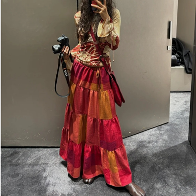 重工感格纹新款拼接民族半身裙休闲复古高腰宽松显瘦气质A字长裙