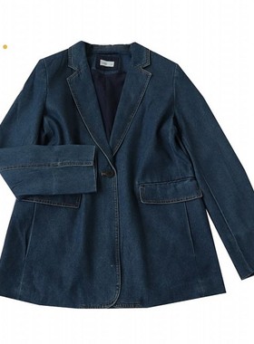 春季新欧美大码女水洗垫肩长袖牛仔西服  一粒扣中长宽松外套B13