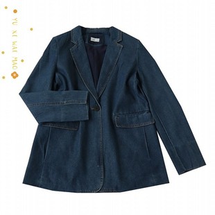 春季新欧美大码女水洗垫肩长袖牛仔西服  一粒扣中长宽松外套B13