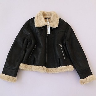 皮毛一体夹克 欧美女士翻领落肩长袖 拉链保暖外套A16 新款 春季