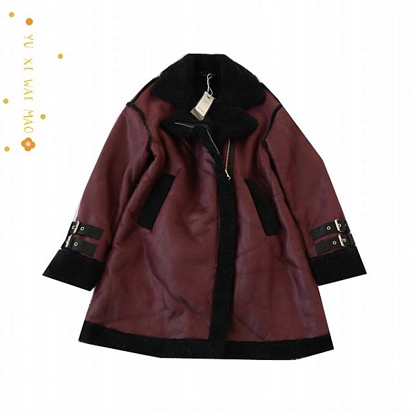 秋冬新欧美女士翻领皮毛一体长袖夹克 中长斜拉链保暖外套B11