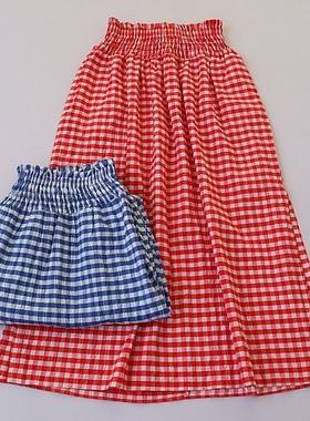 春夏新款女士拼色格子宽松紧腰半身裙 文艺休闲双开叉长裙C12