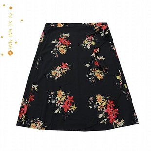 优雅高腰中长裙A11 时尚 春新款 女士印花系带前开叉半身裙