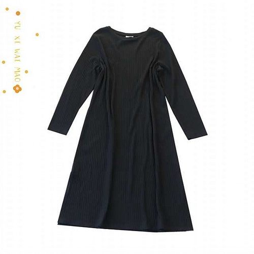 大码女圆领长袖弹力针织连衣裙