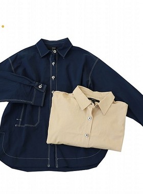 春秋新欧美女翻领水洗纯棉微弹落肩长袖衬衫宽松休闲开衫衬衣C01