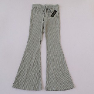 高腰纯色长裤 春季 欧美女士松紧腰系绳弹力针织微喇裤 新款