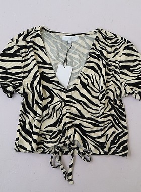 夏季新款欧美女士V领短袖弹力印花针织t恤 个性短款套头衫C12