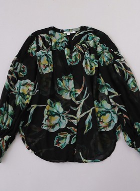 夏季新款欧美女士V领灯笼长袖印花雪纺衫 单排扣薄款开衫衬衣C01