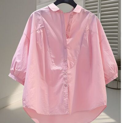立领灯笼衬衫七分袖衬衣2026夏季上衣韩版新款设计宽松休闲百搭款