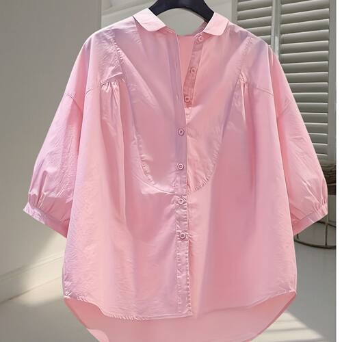 立领灯笼衬衫七分袖衬衣2026夏季上衣韩版新款设计宽松休闲百搭款