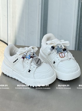 2025冬款韩版童鞋潮牌3R中大男女童魔术贴加绒白色百搭休闲运动鞋